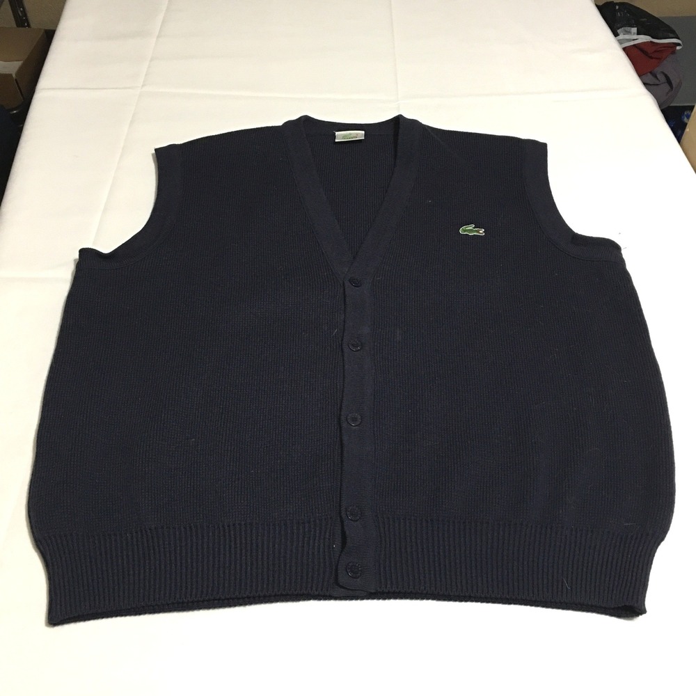 Lacoste Sweater Vest Mens Size 7 (2XL) Navy Blue Knit Button Front V-Neck